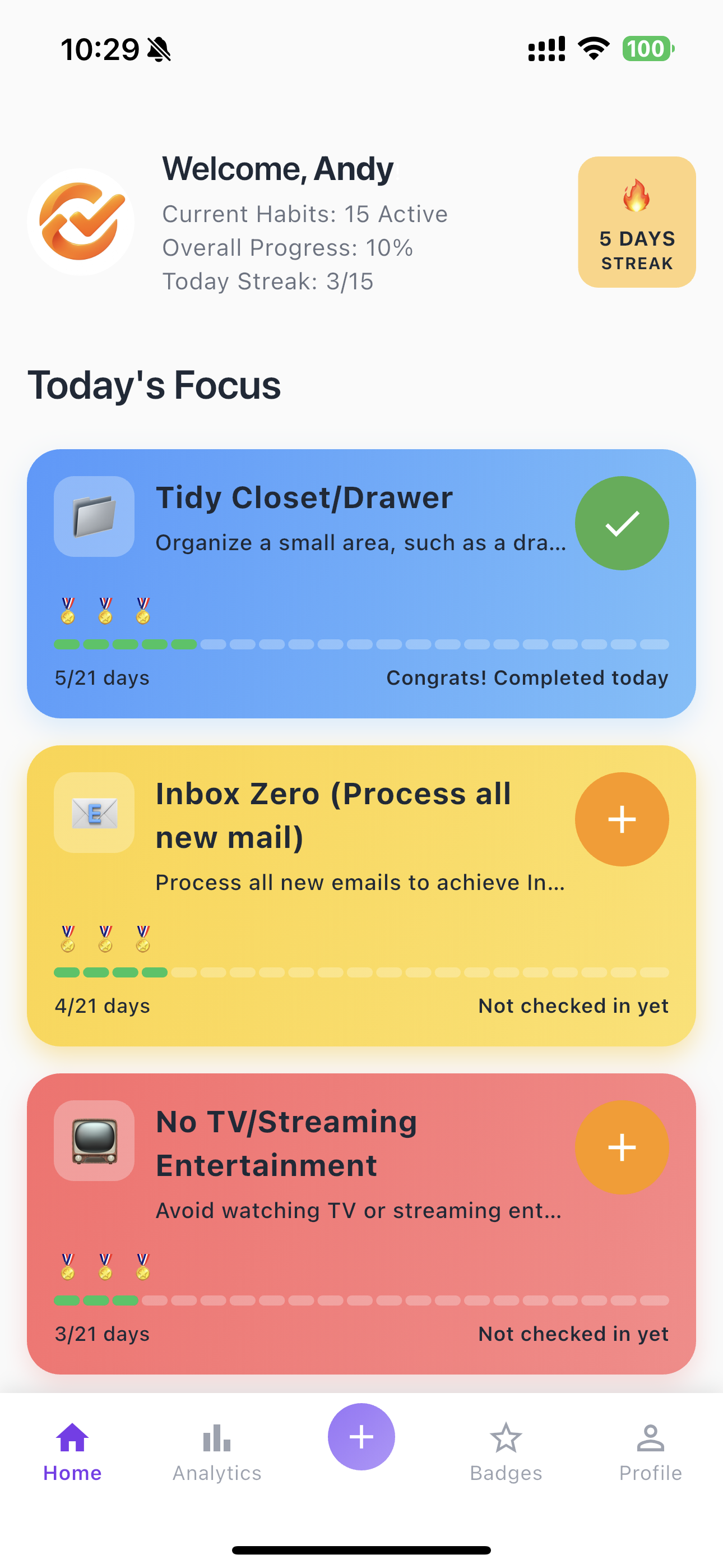 Streak21 home screen